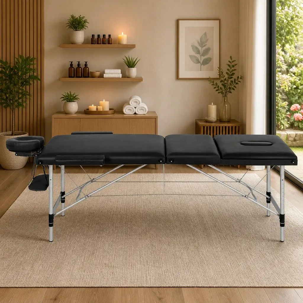 Massage Table Aluminium 85cm Black Professional 3 Fold