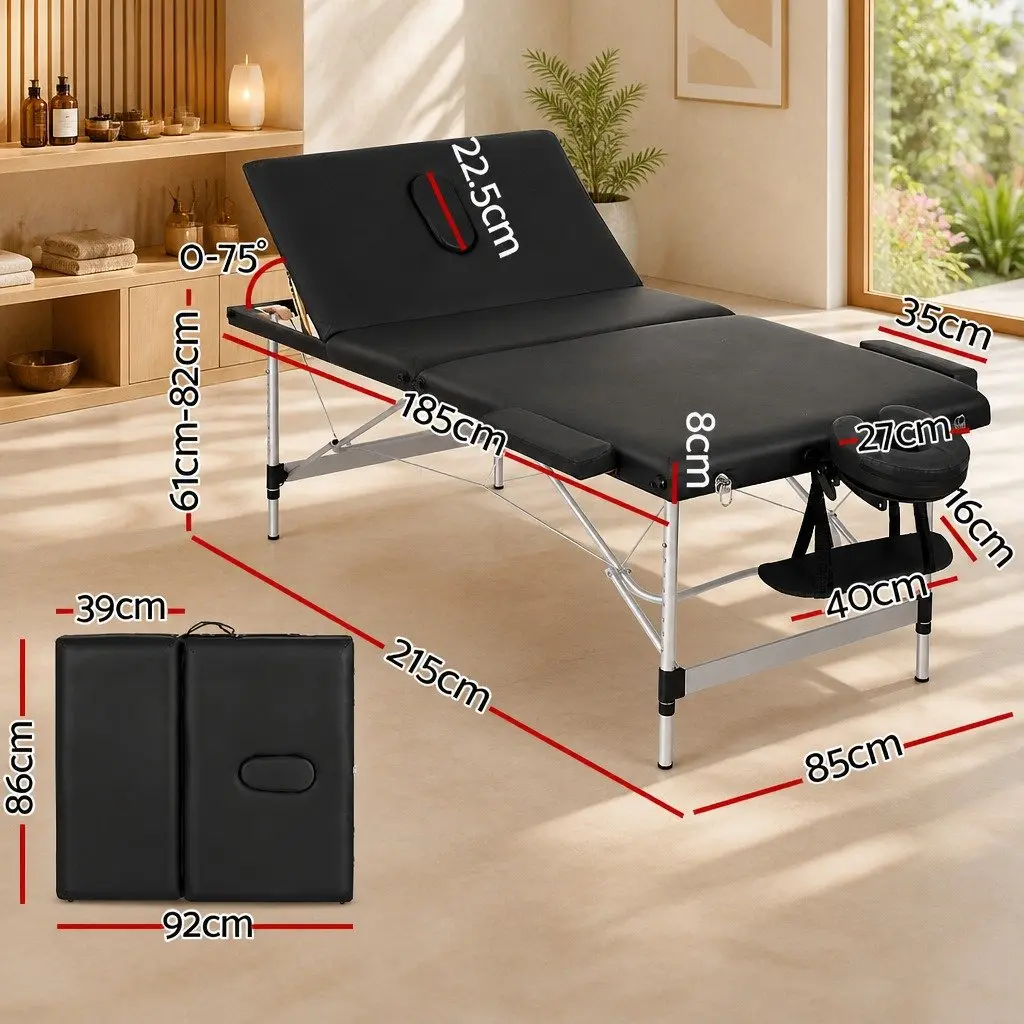 Massage Table Aluminium 85cm Black Professional 3 Fold