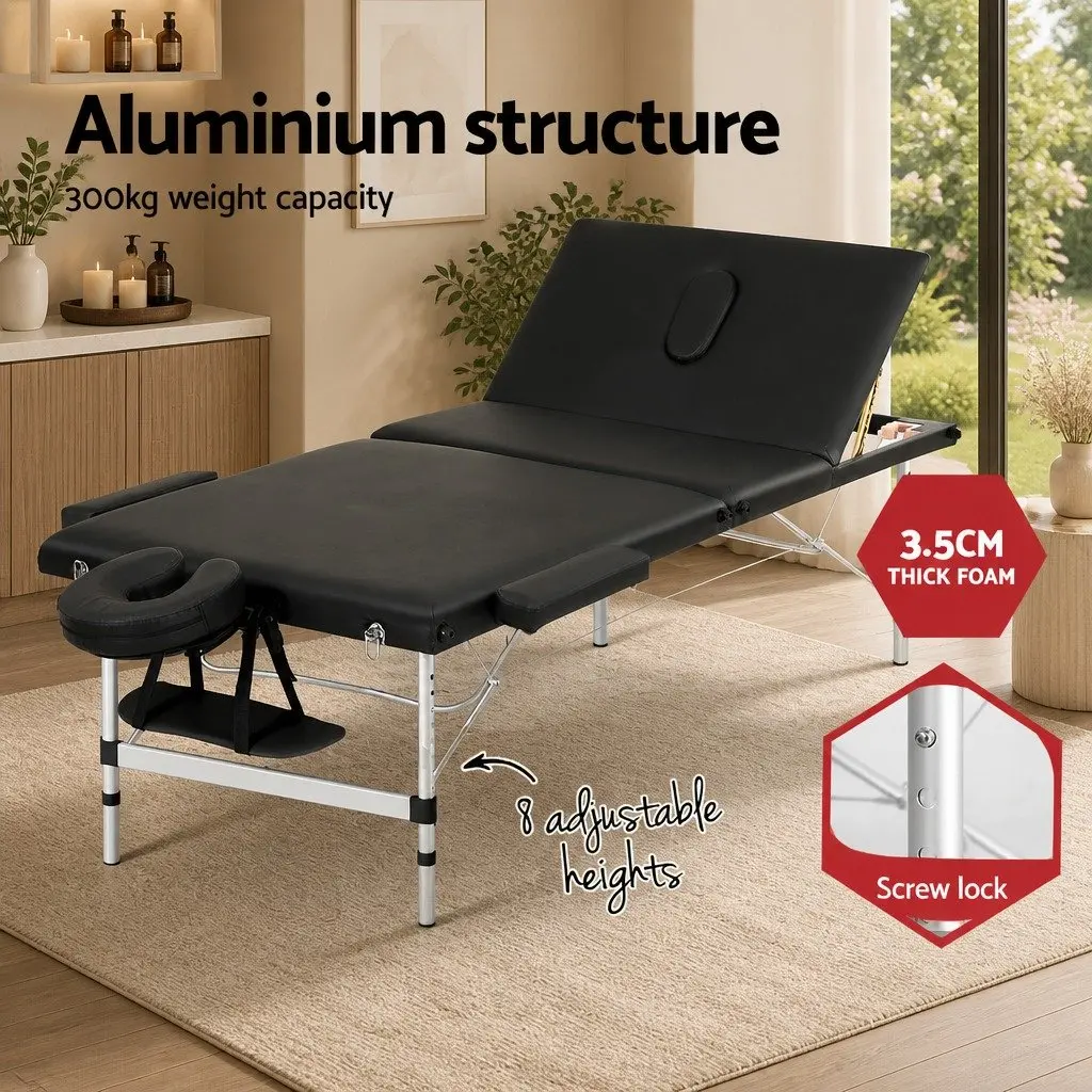 Massage Table Aluminium 85cm Black Professional 3 Fold