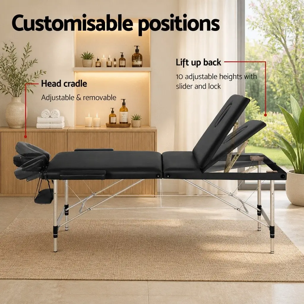 Massage Table Aluminium 85cm Black Professional 3 Fold