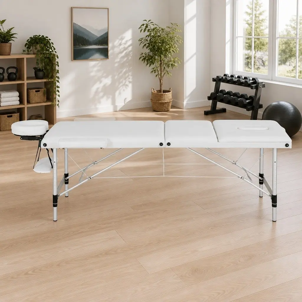 Massage Table Aluminium 65cm Portable 3 Fold Adjustable White