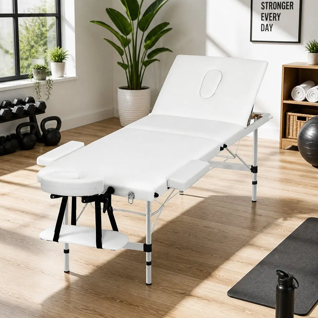 Massage Table Aluminium 65cm Portable 3 Fold Adjustable White