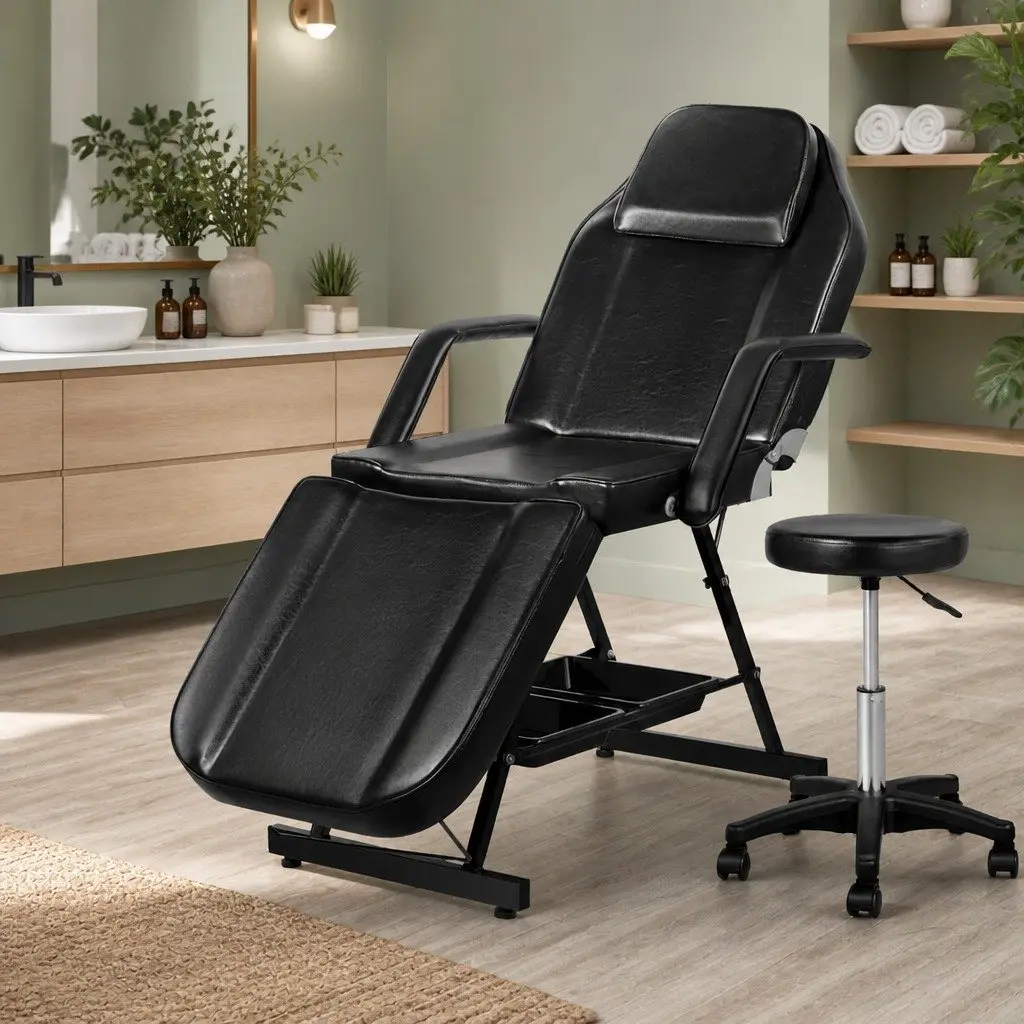 Massage Table PU Leather Adjustable 3-Fold Black with Stool Face Cradle Headrest