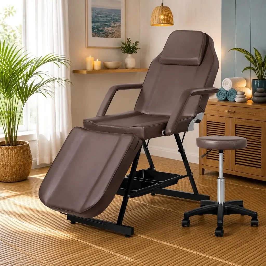 Massage Table PU Leather Adjustable 3-Fold Brown Portable Therapy Couch