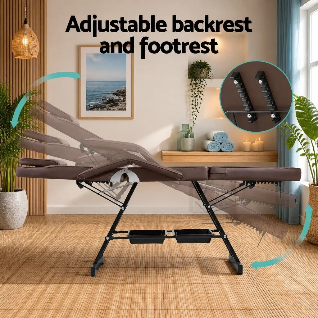 Massage Table PU Leather Adjustable 3-Fold Brown Portable Therapy Couch