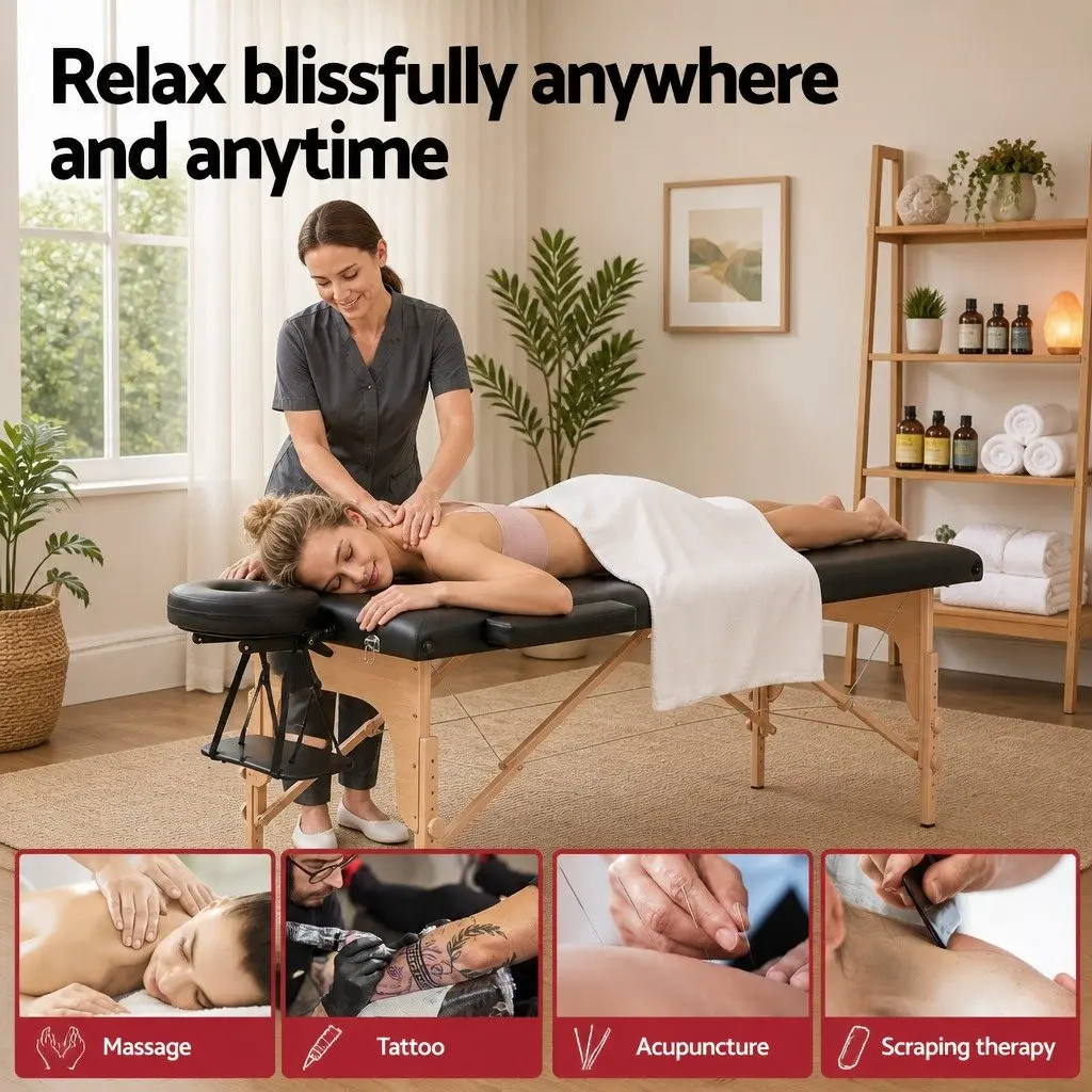 Massage Table Wooden 70cm 2 Fold Black
