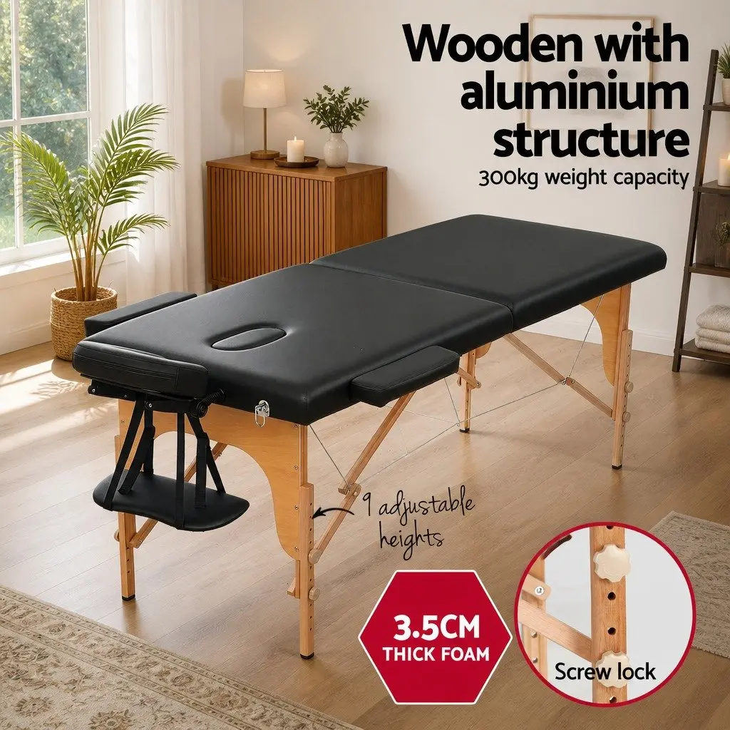 Massage Table Wooden 70cm 2 Fold Black