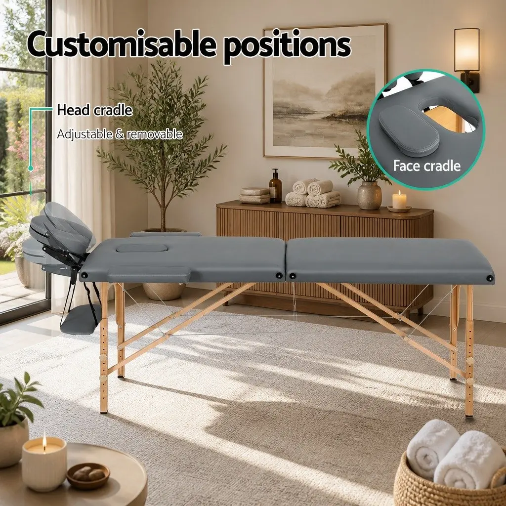 Massage Table Wooden 56cm Portable Grey Adjustable Height