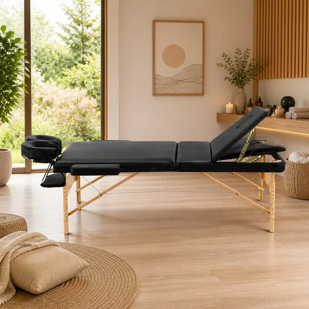 Massage Table Wooden 60cm Wide Adjustable Height Black