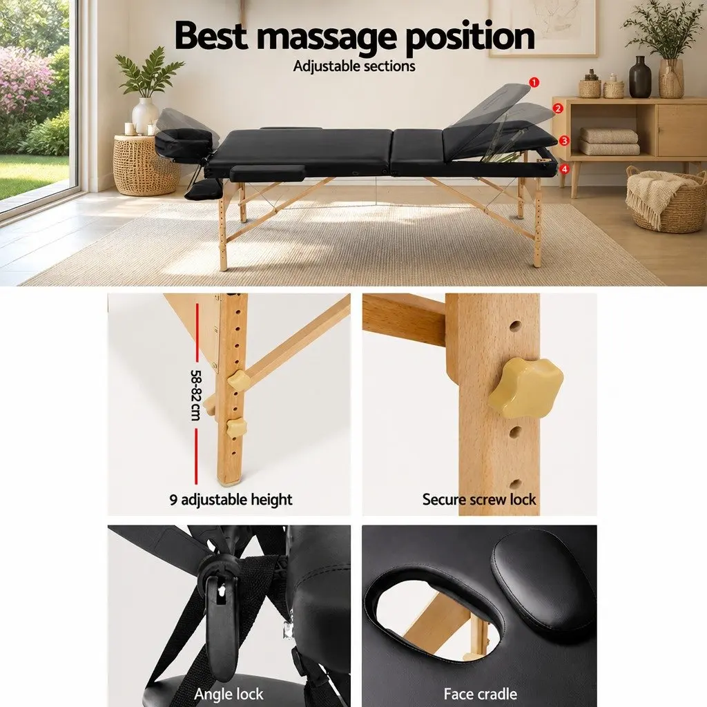Massage Table Wooden 60cm Wide Adjustable Height Black