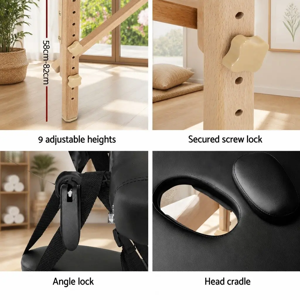 Massage Table Wooden 60cm Wide Adjustable Height Black