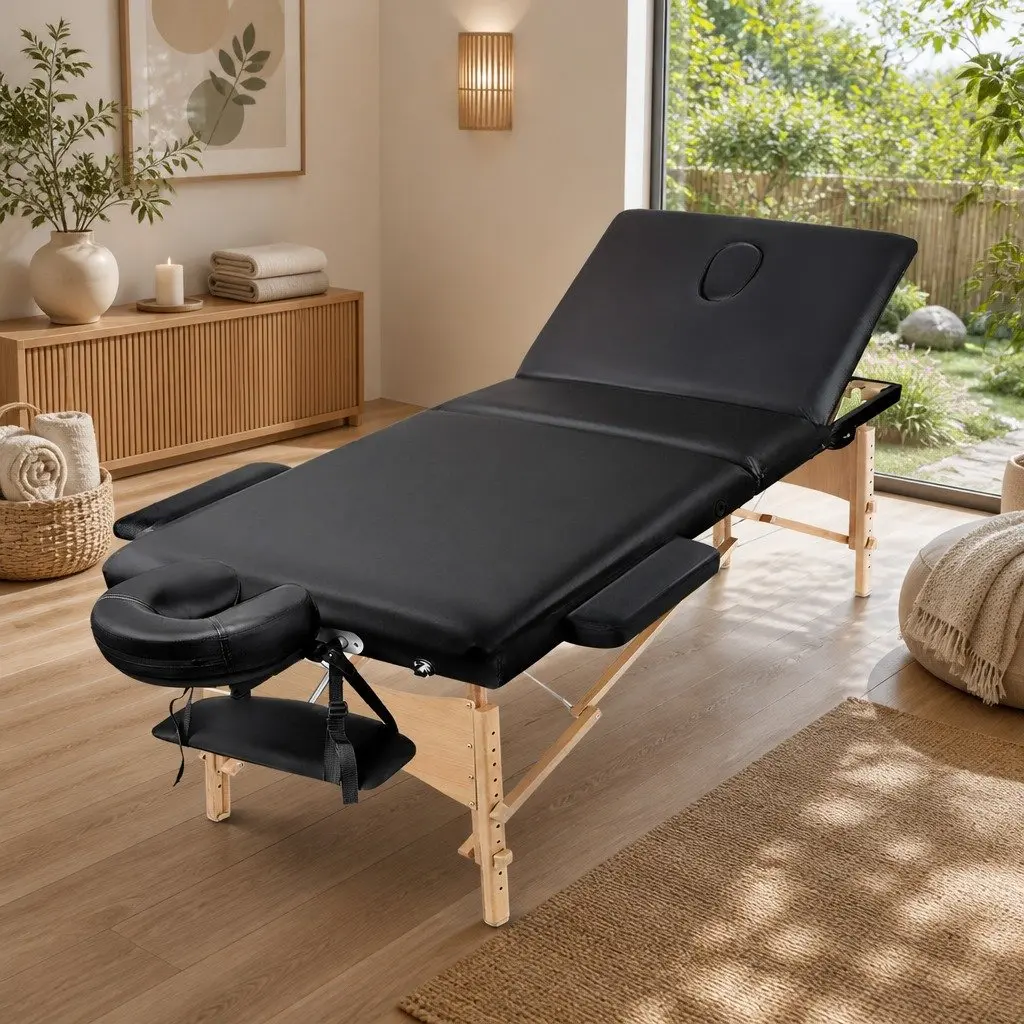 Massage Table Wooden 60cm Wide Adjustable Height Black