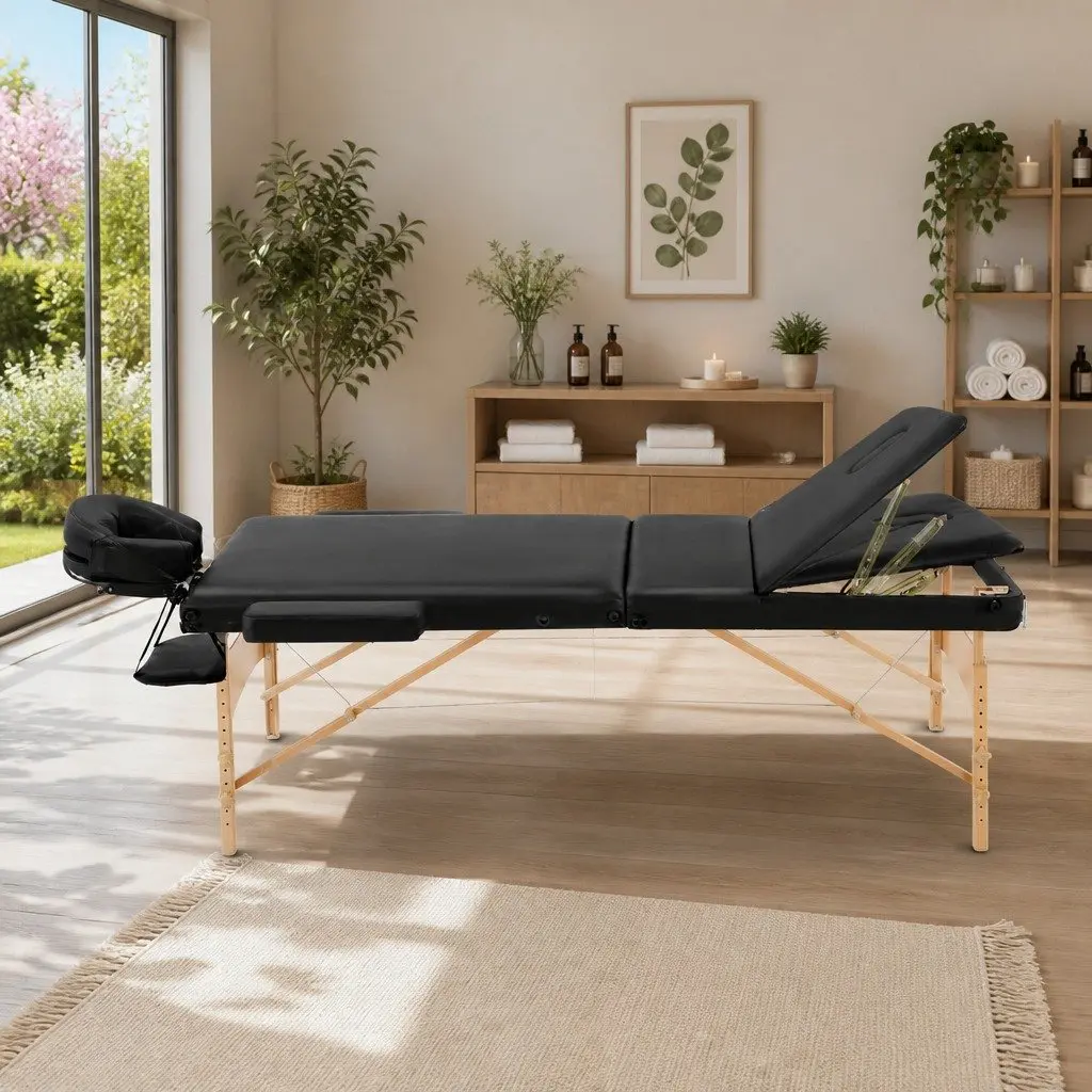 Massage Table Wooden 70cm Black Portable 3 Fold Adjustable Height