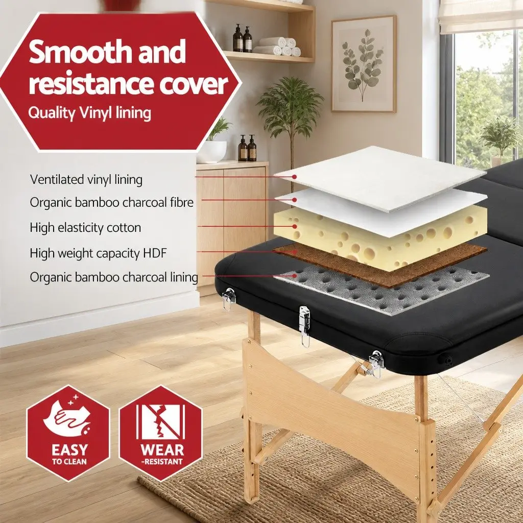 Massage Table Wooden 70cm Black Portable 3 Fold Adjustable Height