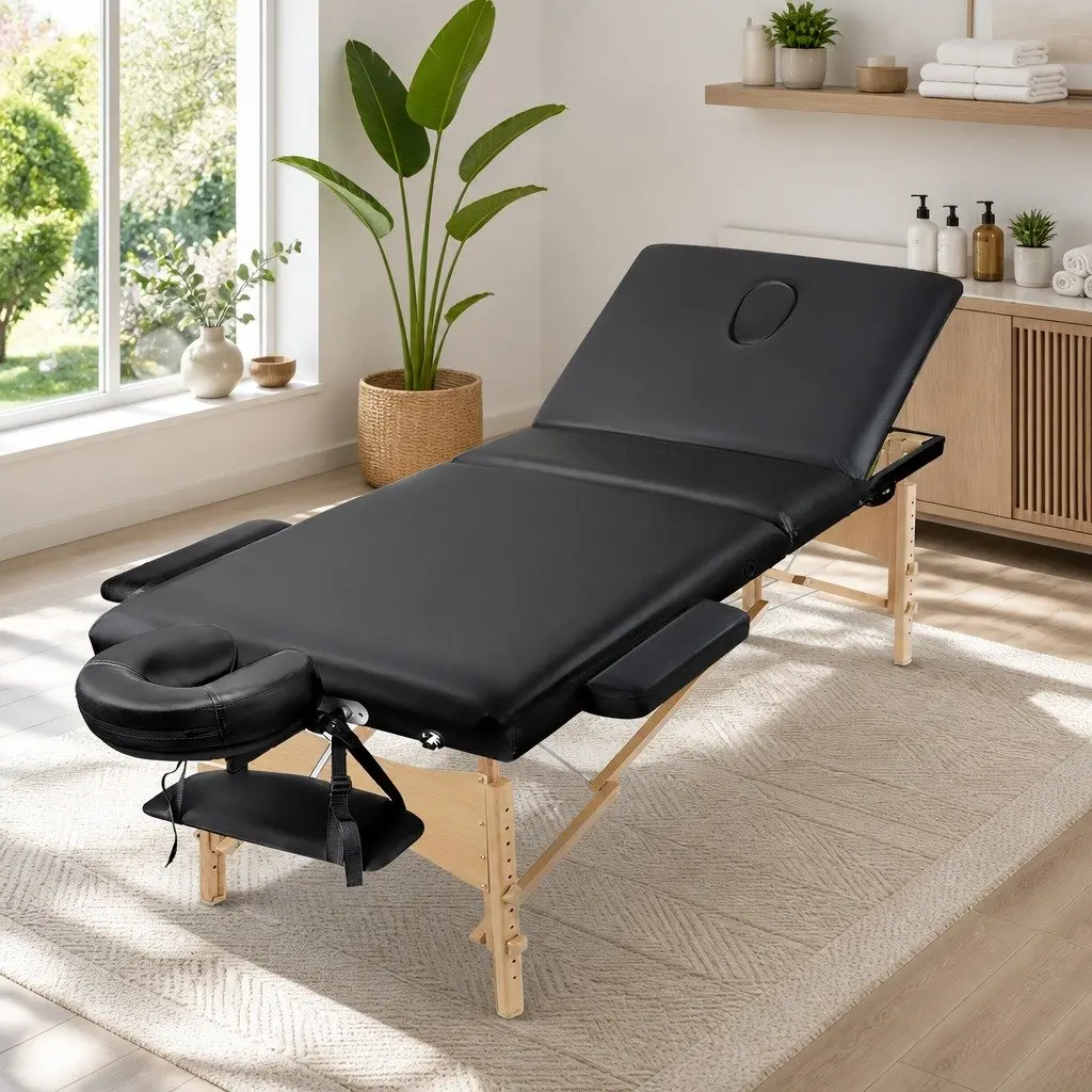 Massage Table Wooden 70cm Black Portable 3 Fold Adjustable Height