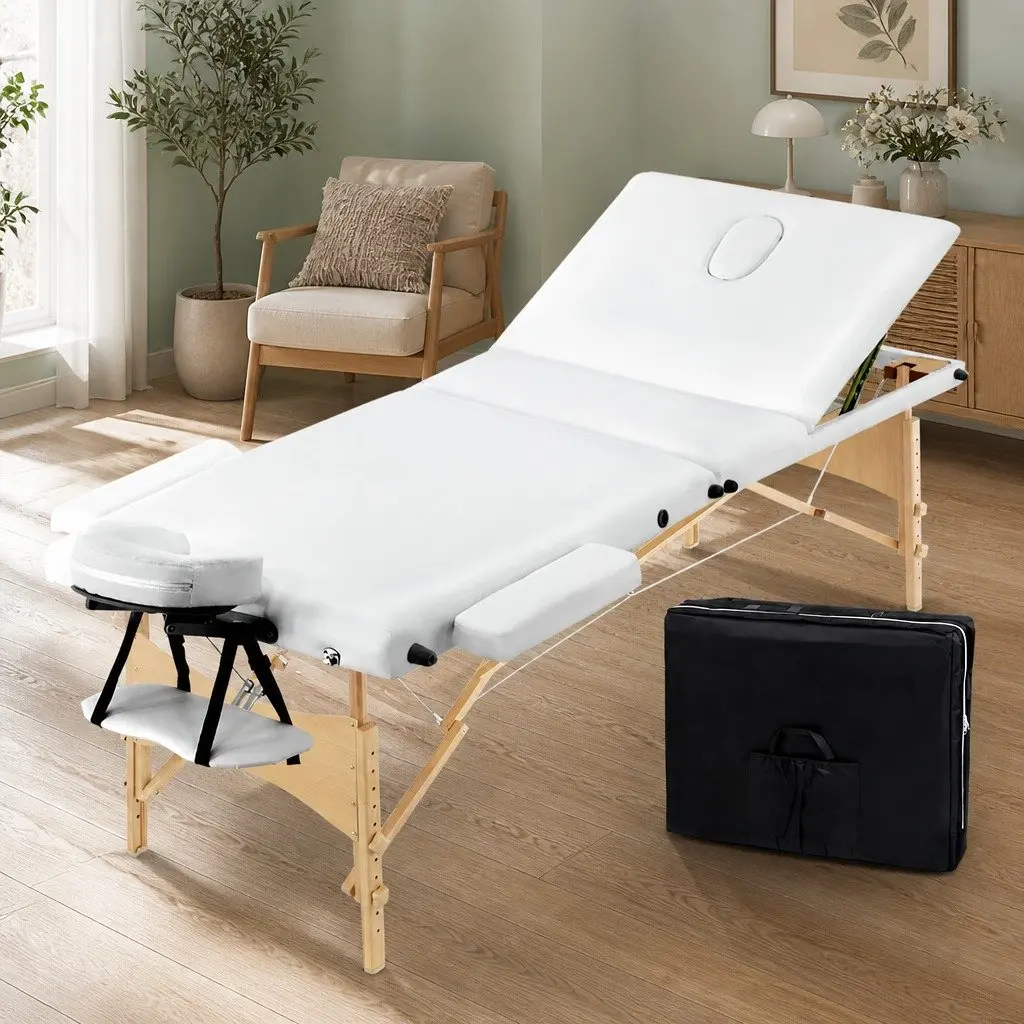 Wooden 3-Fold Massage Table 70cm Adjustable Height White