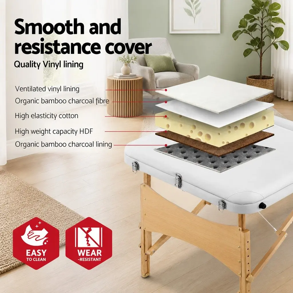 Massage Table Wooden 70cm Portable 3 Fold Adjustable Height White