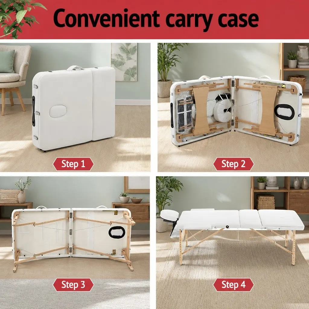 Massage Table Wooden 70cm Portable 3 Fold Adjustable Height White