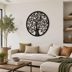 Black Metal Wall Art Tree of Life Sculpture in Round Frame