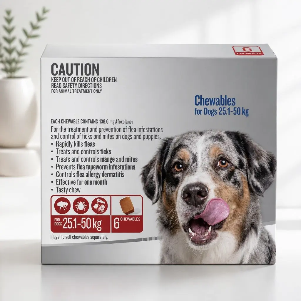 Flea and Tick Chewable Tablets for XLarge Dogs 25.1-50kg Red 6 Pack