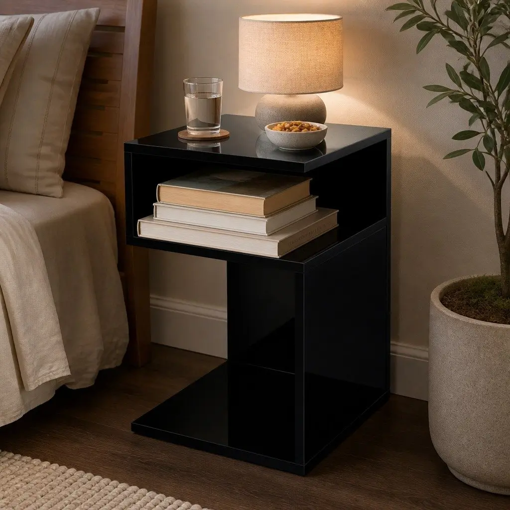 Black Bedside Table with Open Shelves