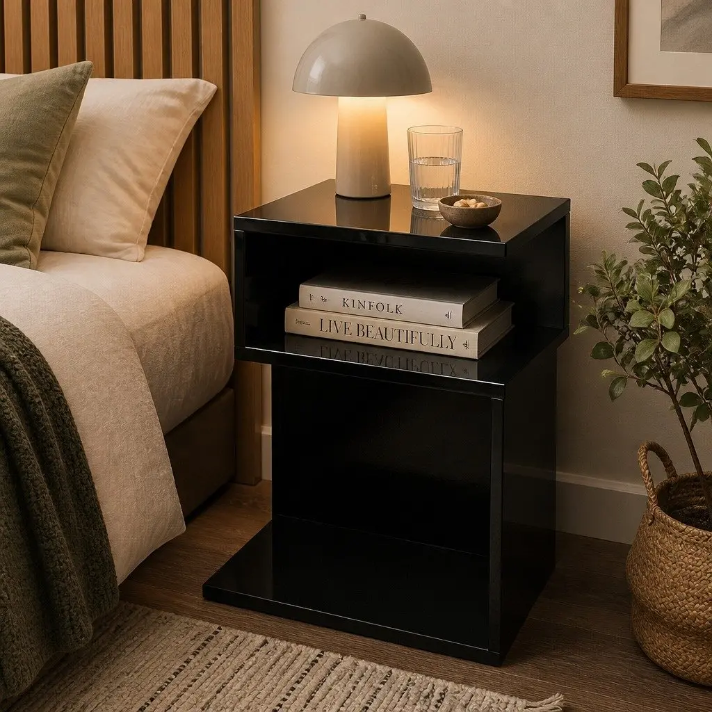Black Bedside Table with Open Shelves