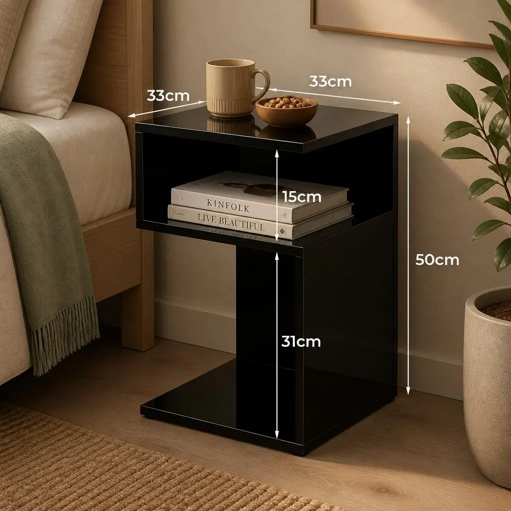 Black Bedside Table with Open Shelves
