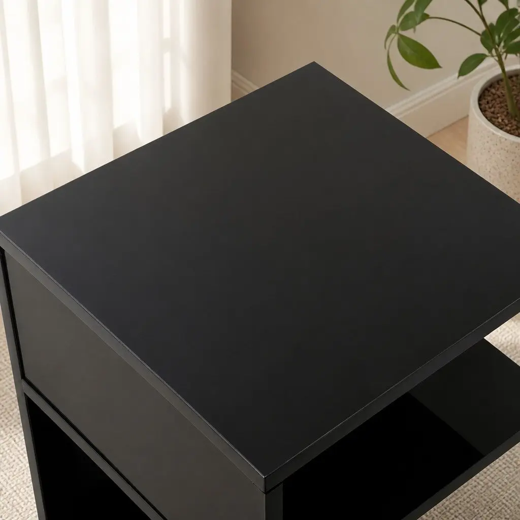 Black Bedside Table with Open Shelves