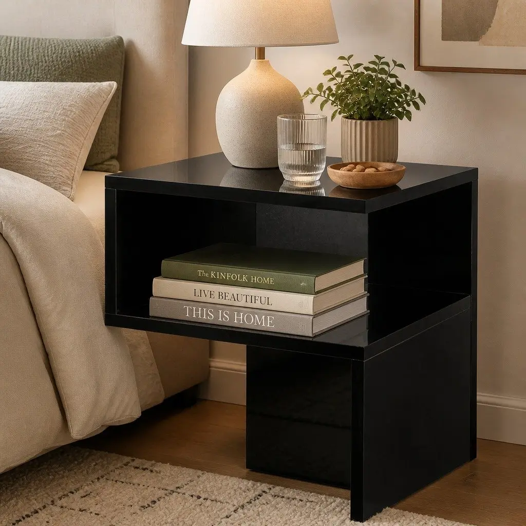 Black Bedside Table with Open Shelves