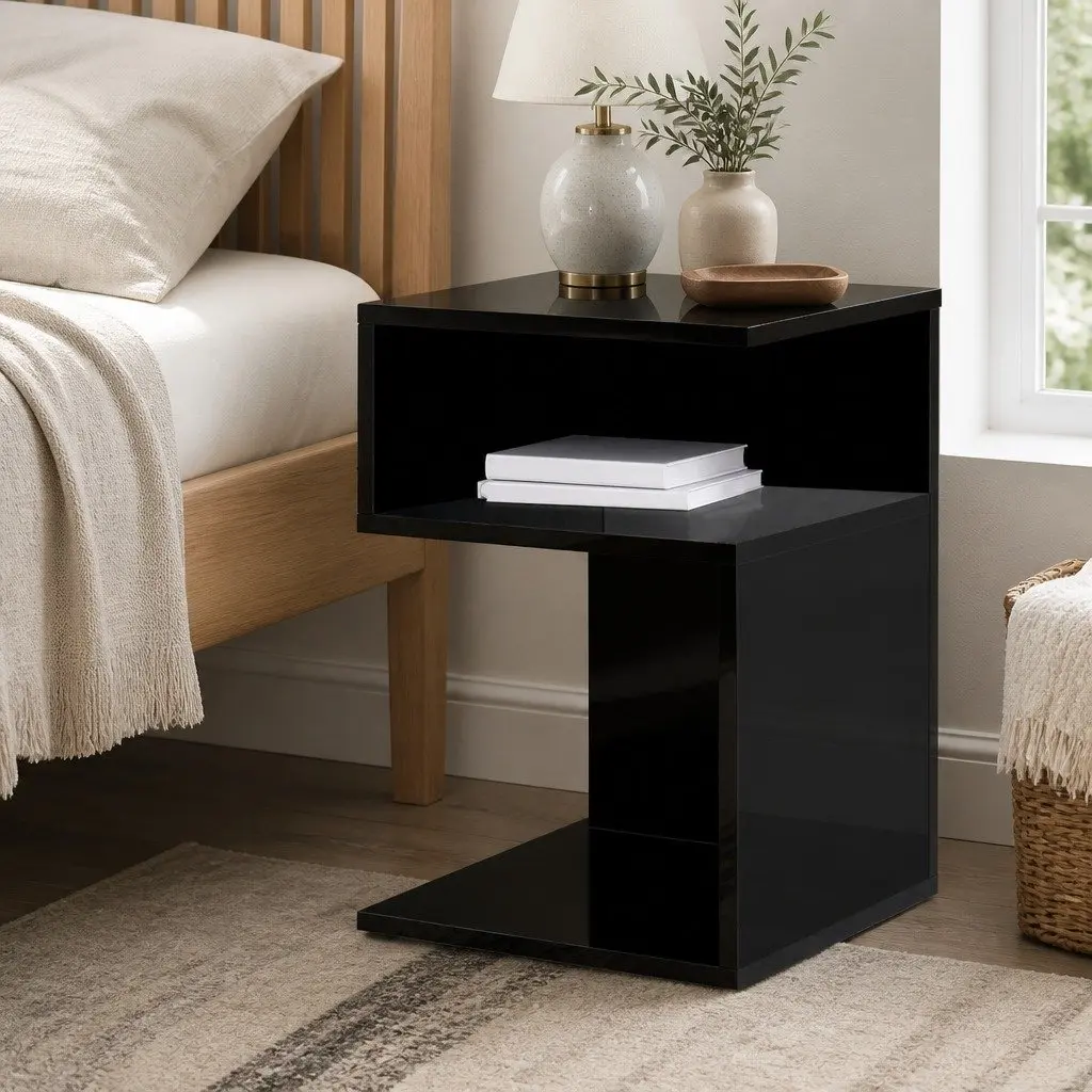 Black Bedside Table with Open Shelves