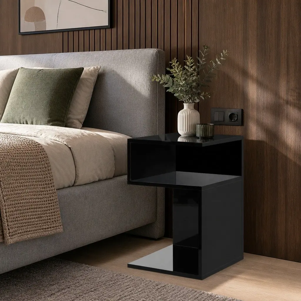 Black Bedside Table with Open Shelves