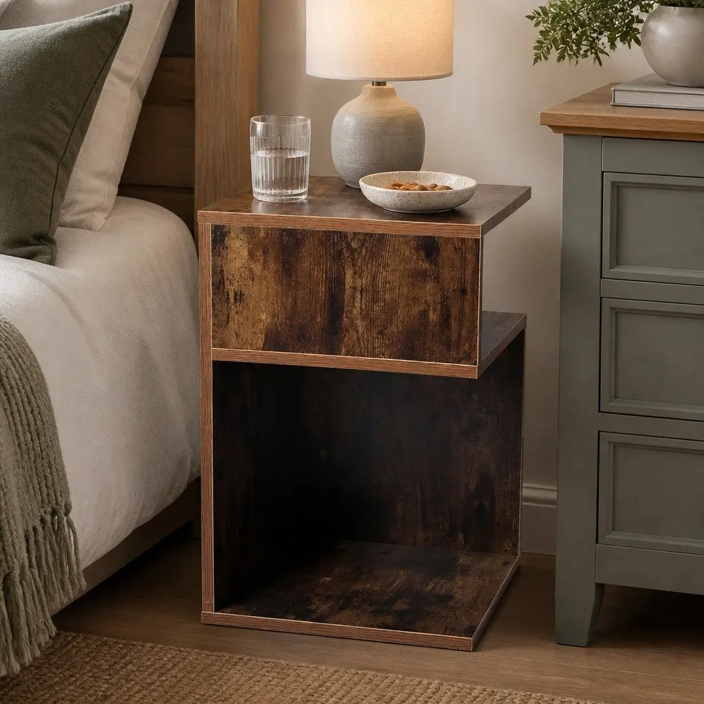 Oak Industrial Bedside Table with Drawers