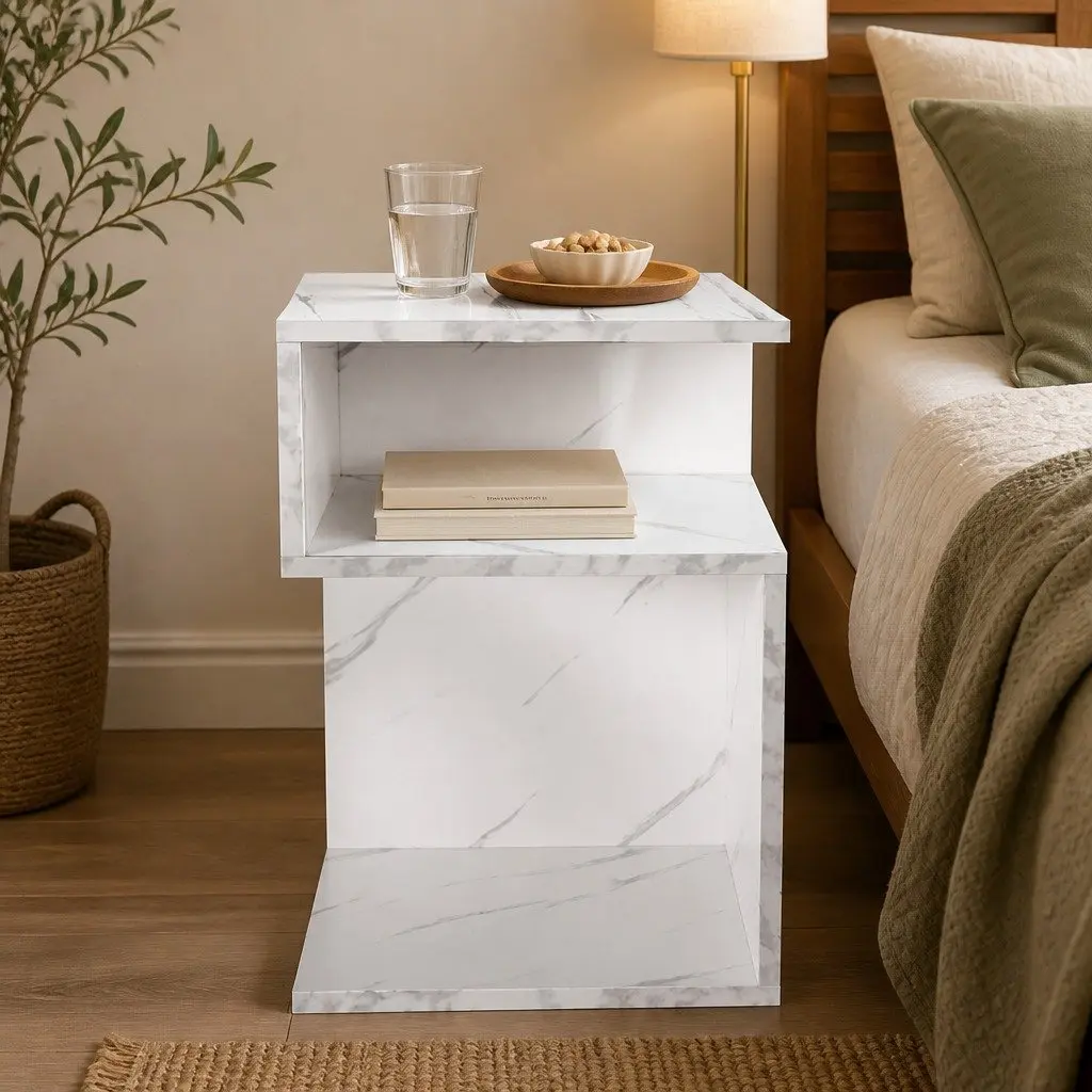 Bedside Table with Drawers Open Shelves Storage Side Table White Nightstand