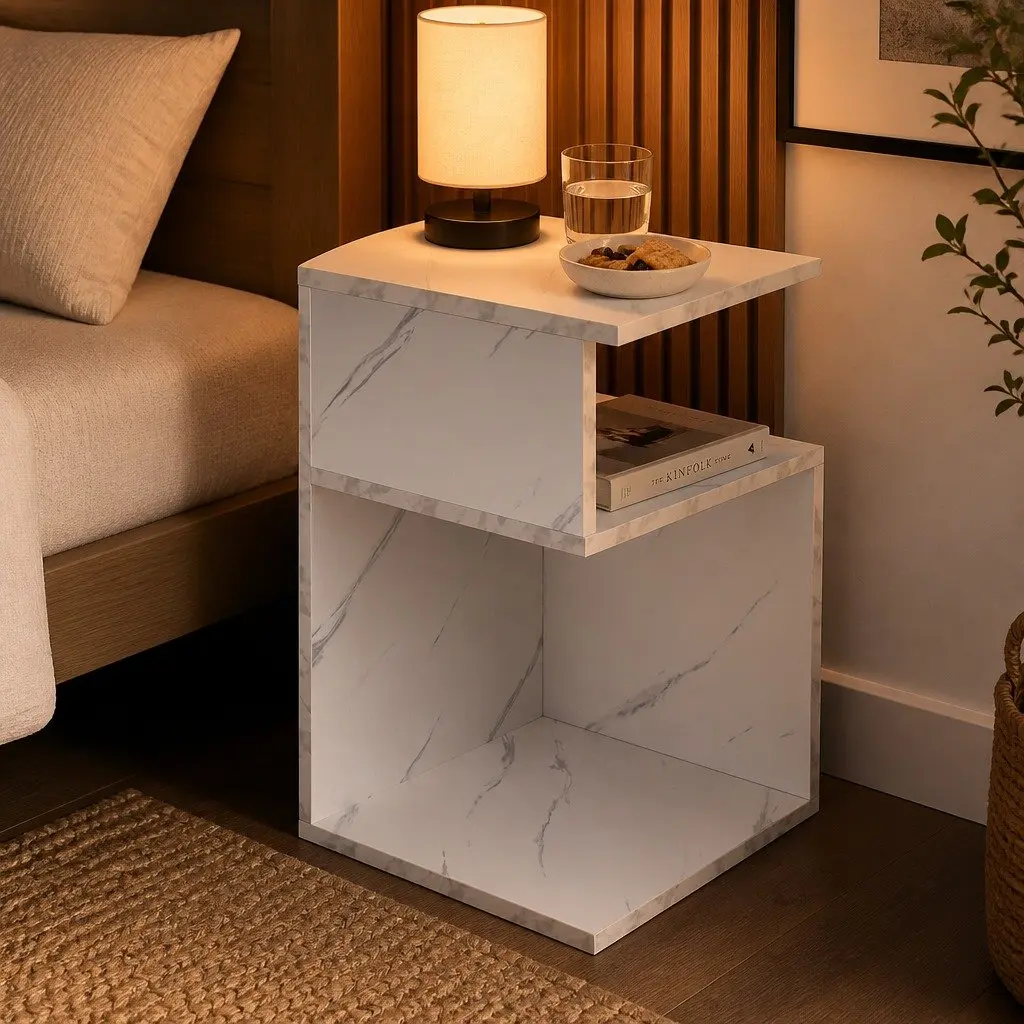 Bedside Table with Drawers Open Shelves Storage Side Table White Nightstand