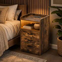 Bedside Table with USB Charger Outlet LED Light 3 Drawer Storage Oak Nightstand