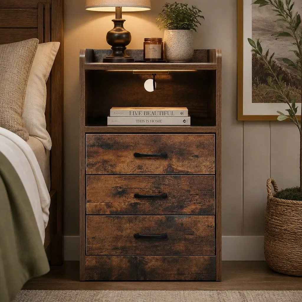Oak Bedside Table with USB Charger & LED Light