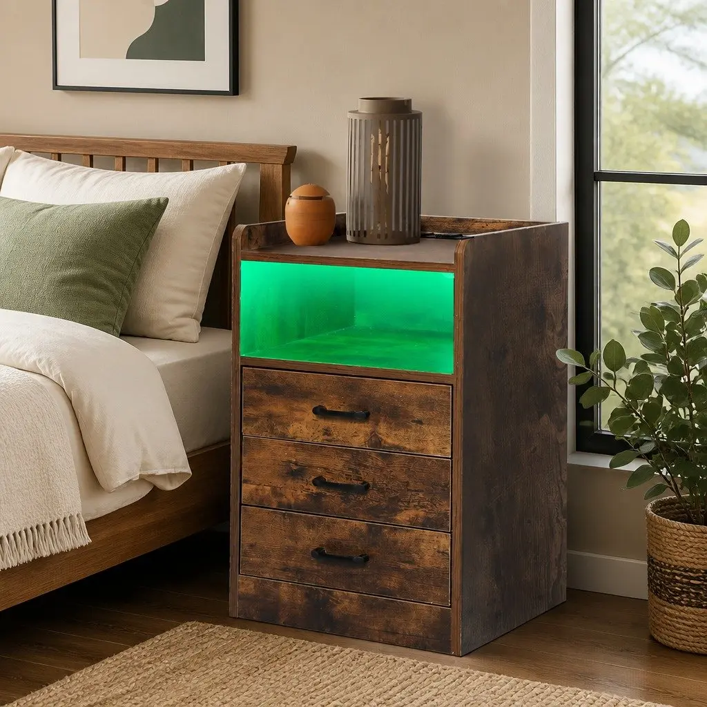 Oak Bedside Table with USB Charger & LED Light