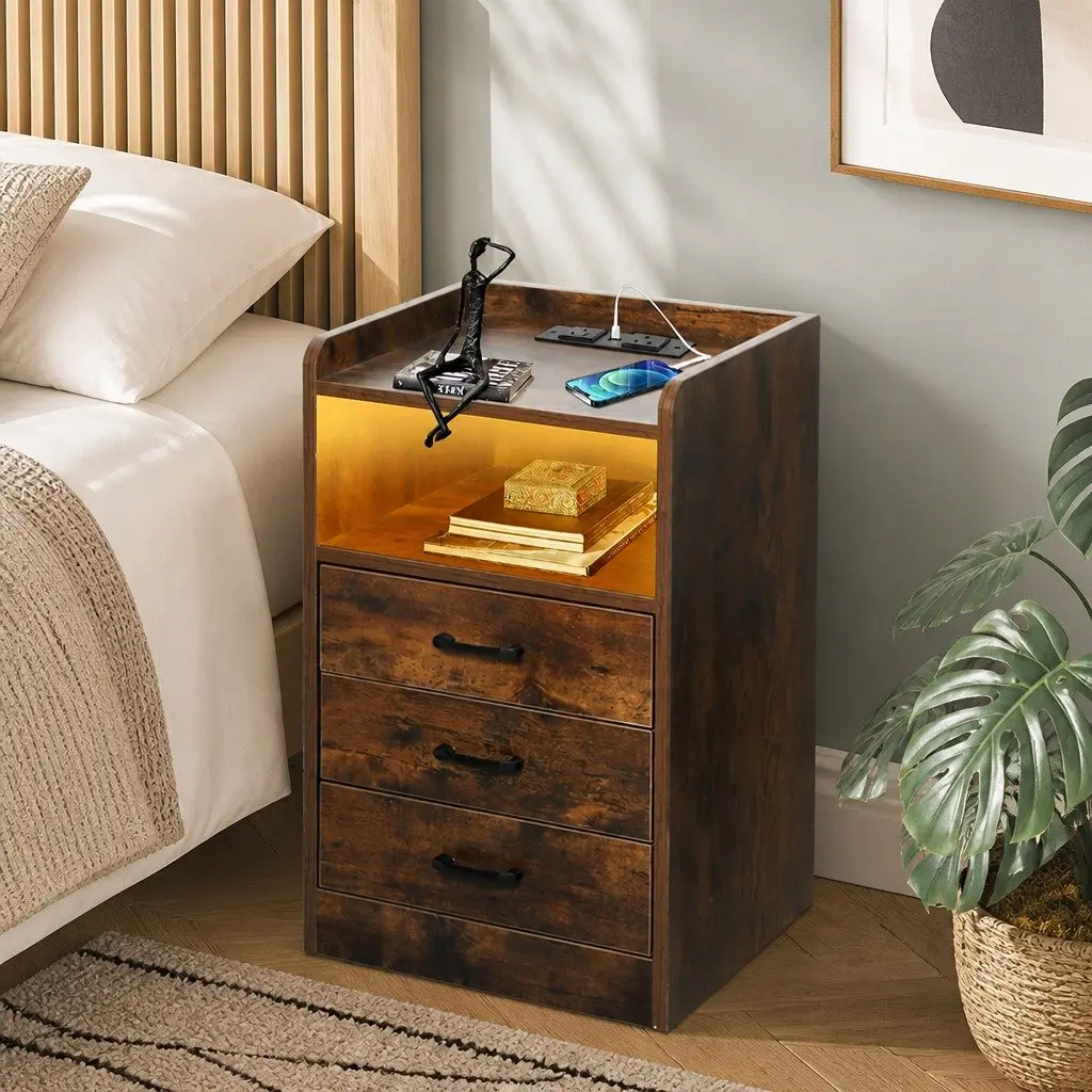 Oak Bedside Table with USB Charger & LED Light