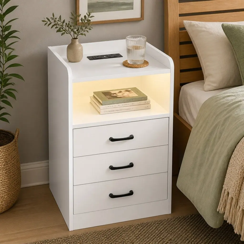 Bedside Table with LED Light and USB Charger