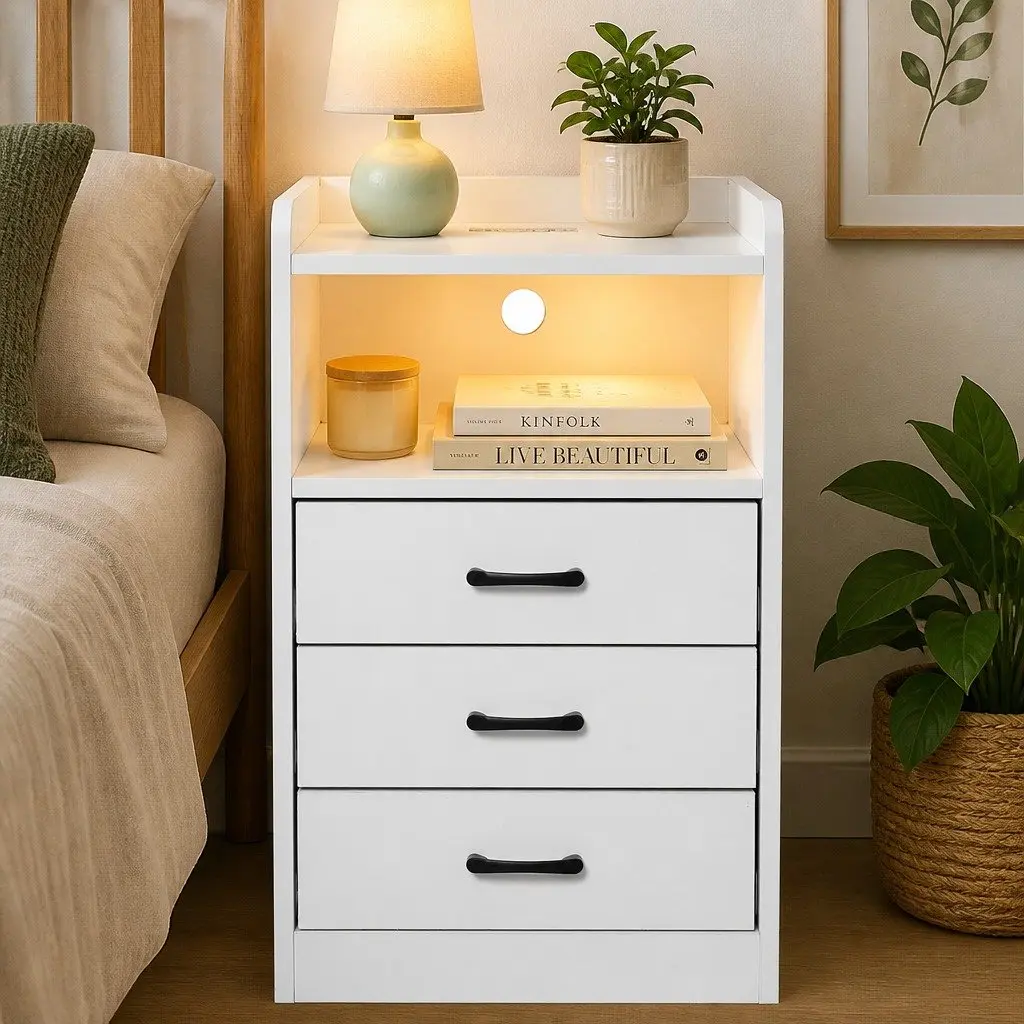 Bedside Table with LED Light and USB Charger