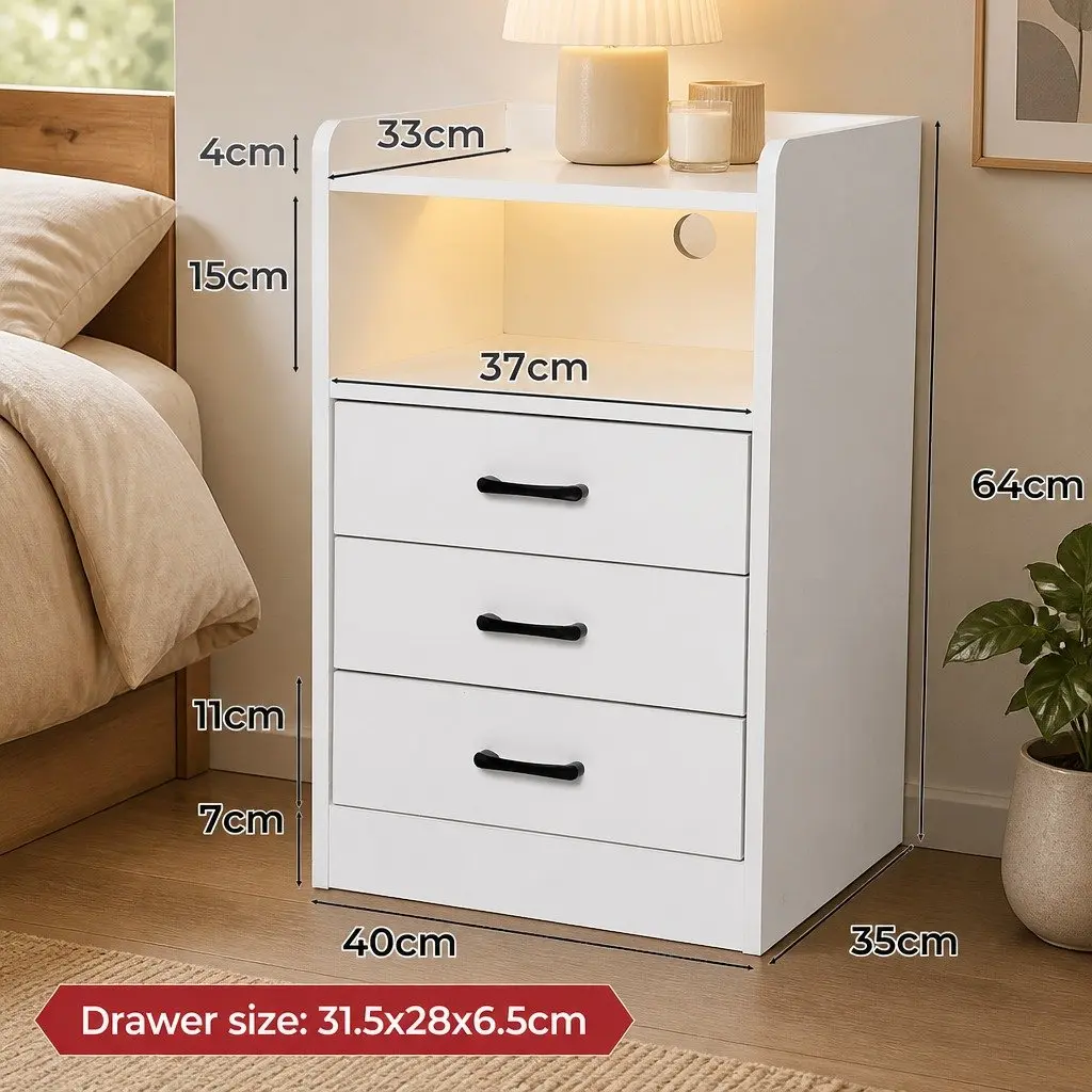 Bedside Table with LED Light and USB Charger