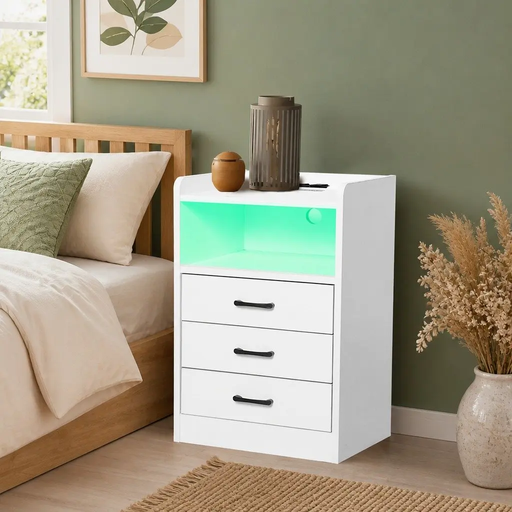 Bedside Table with LED Light and USB Charger