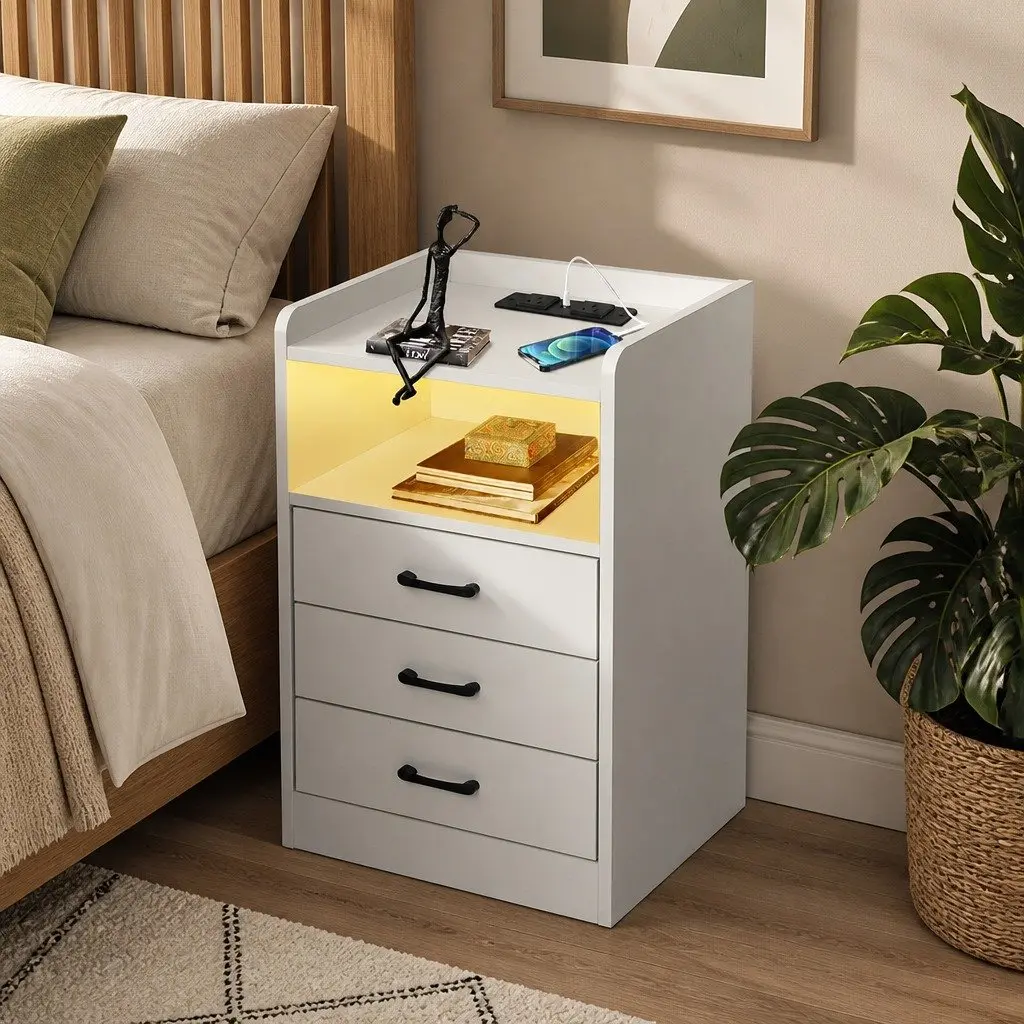 Bedside Table with LED Light and USB Charger