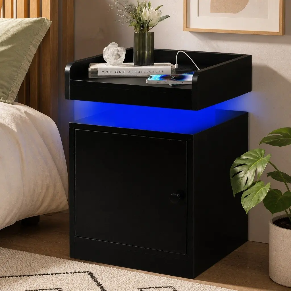 Bedside Table with USB Charger and LED Lighting