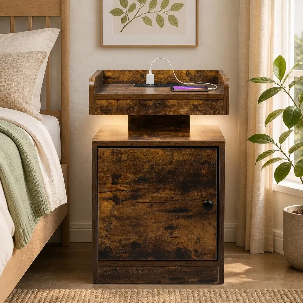 Oak Bedside Table with USB and RGB Lighting