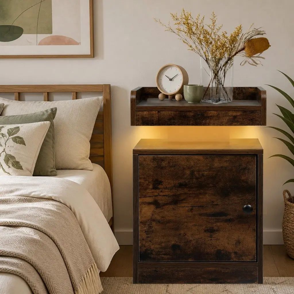 Oak Bedside Table with USB and RGB Lighting