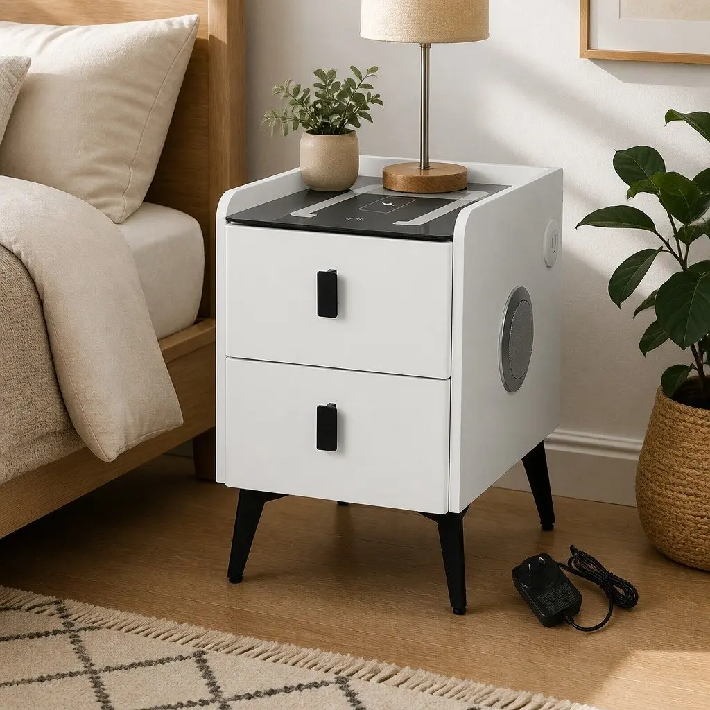 Bedside Table with LED Lights & Wireless Charging