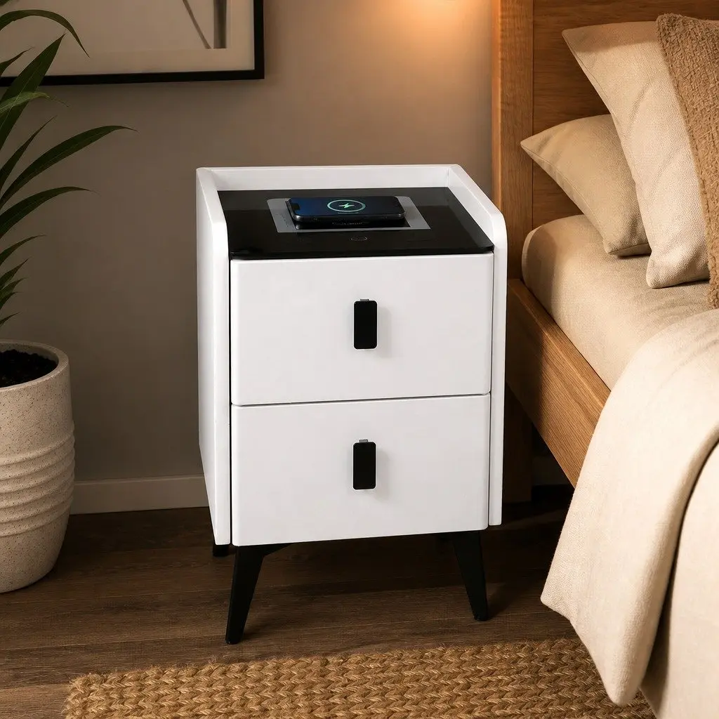 Bedside Table with LED Lights & Wireless Charging