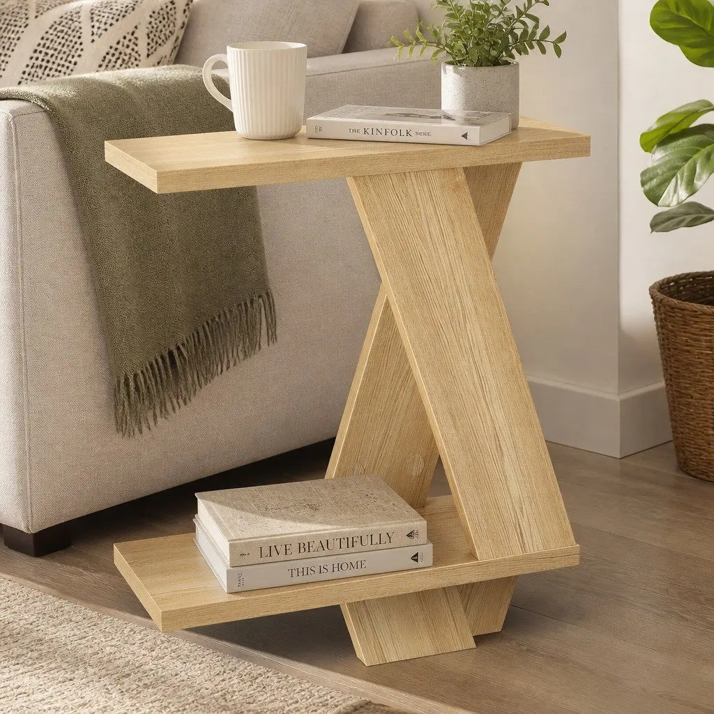 Oak Side Table with Two-Tier Storage