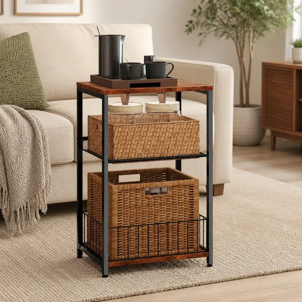 3-Tier Side Table Iron Frame Solid Wood Shelves Vintage Brown